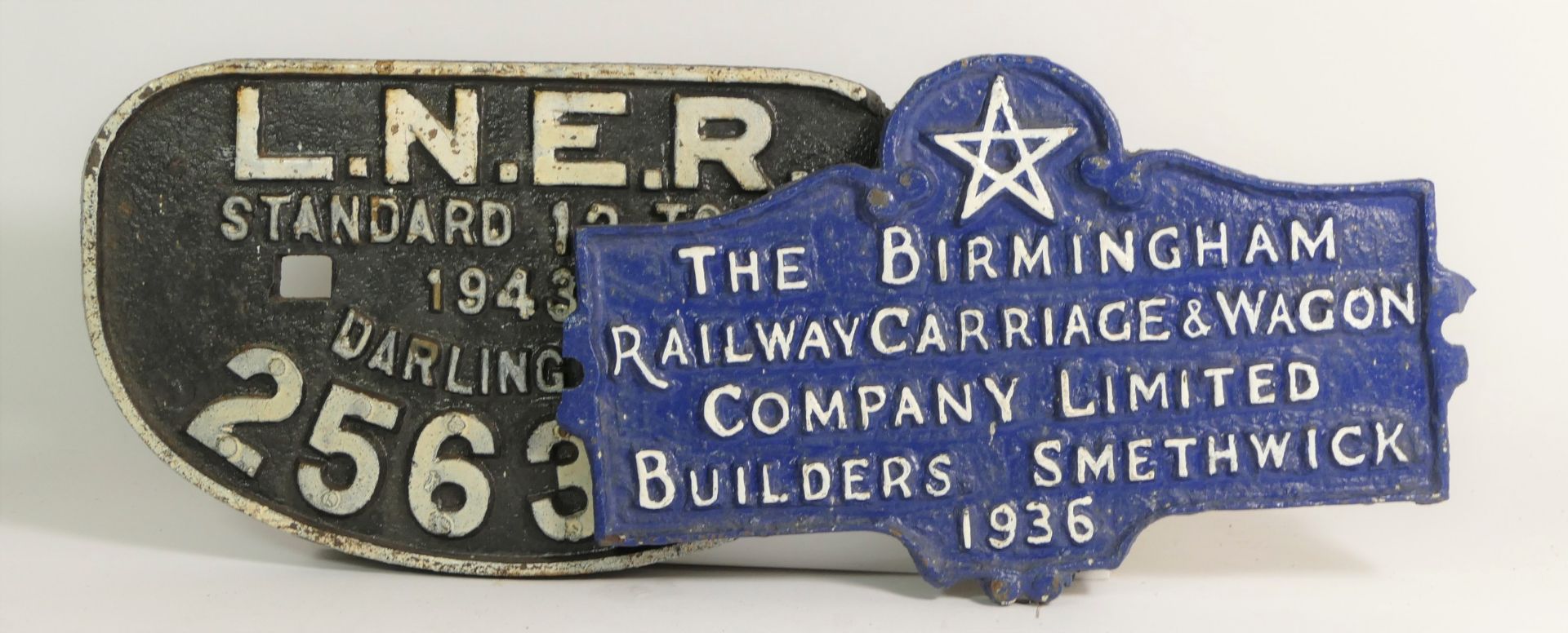 Two wagon plates, 'R.C.&W. Co Ltd Smethwick, Birmingham 1936' and 'L.N.E.R Darlington 1943 12 Tons