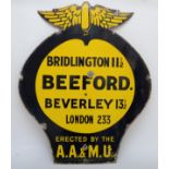 An AA & Motor Union winged wall sign, BEEFORD, 84 x 72cm. There were five series of AA & Motor Union