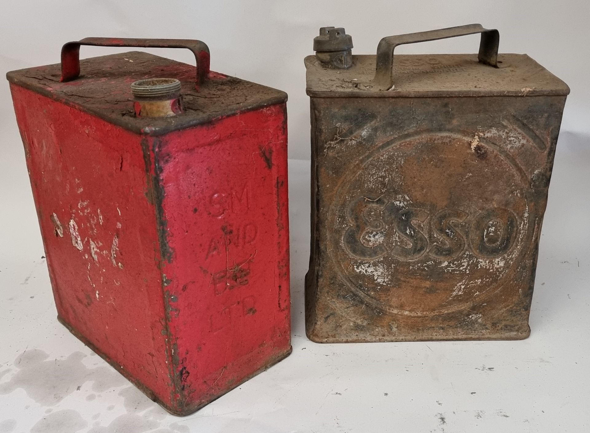 An Esso two gallon petrol can and a SM and BP two gallon can (2)