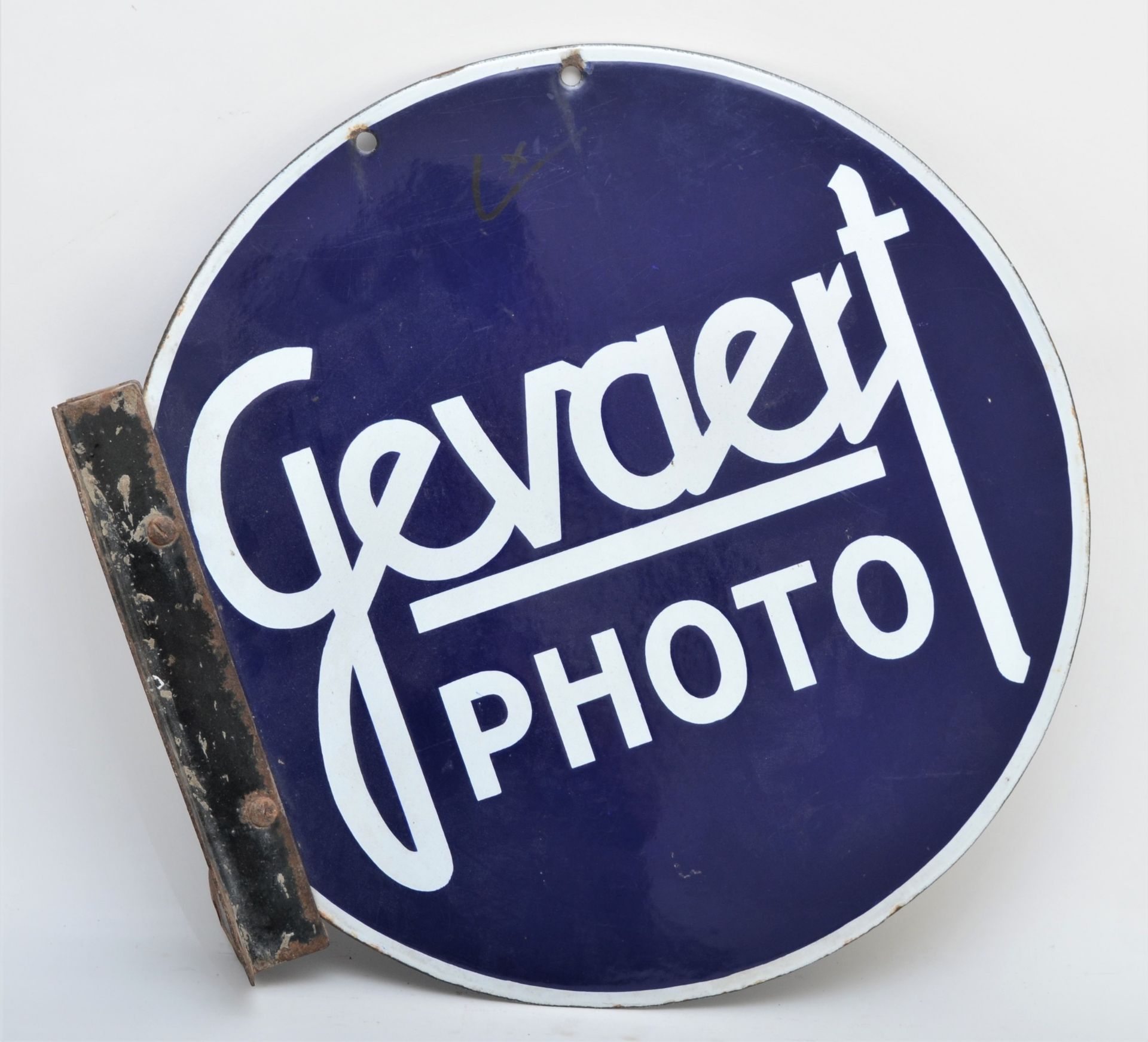 A vitreous enamel Gevaert Photo double sided wall mounted signe, 45cm diameter