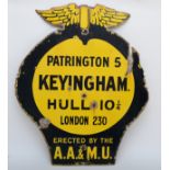 An AA & Motor Union winged wall sign, KEYINGHAM, 84 x 72cm. There were five series of AA & Motor