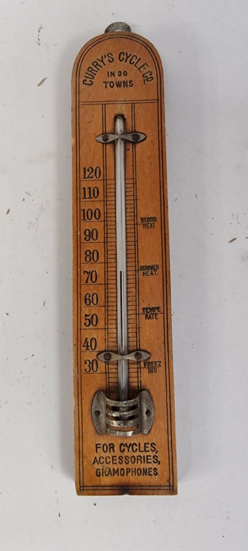 A Curry's Cycle Co. wooden thermometer, 20cm