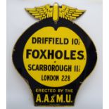 An AA & Motor Union winged wall sign, FOXHOLES, 84 x 72cm. There were five series of AA & Motor