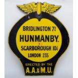 An AA & Motor Union winged wall sign, HUNMANBY, 84 x 72cm. There were five series of AA & Motor
