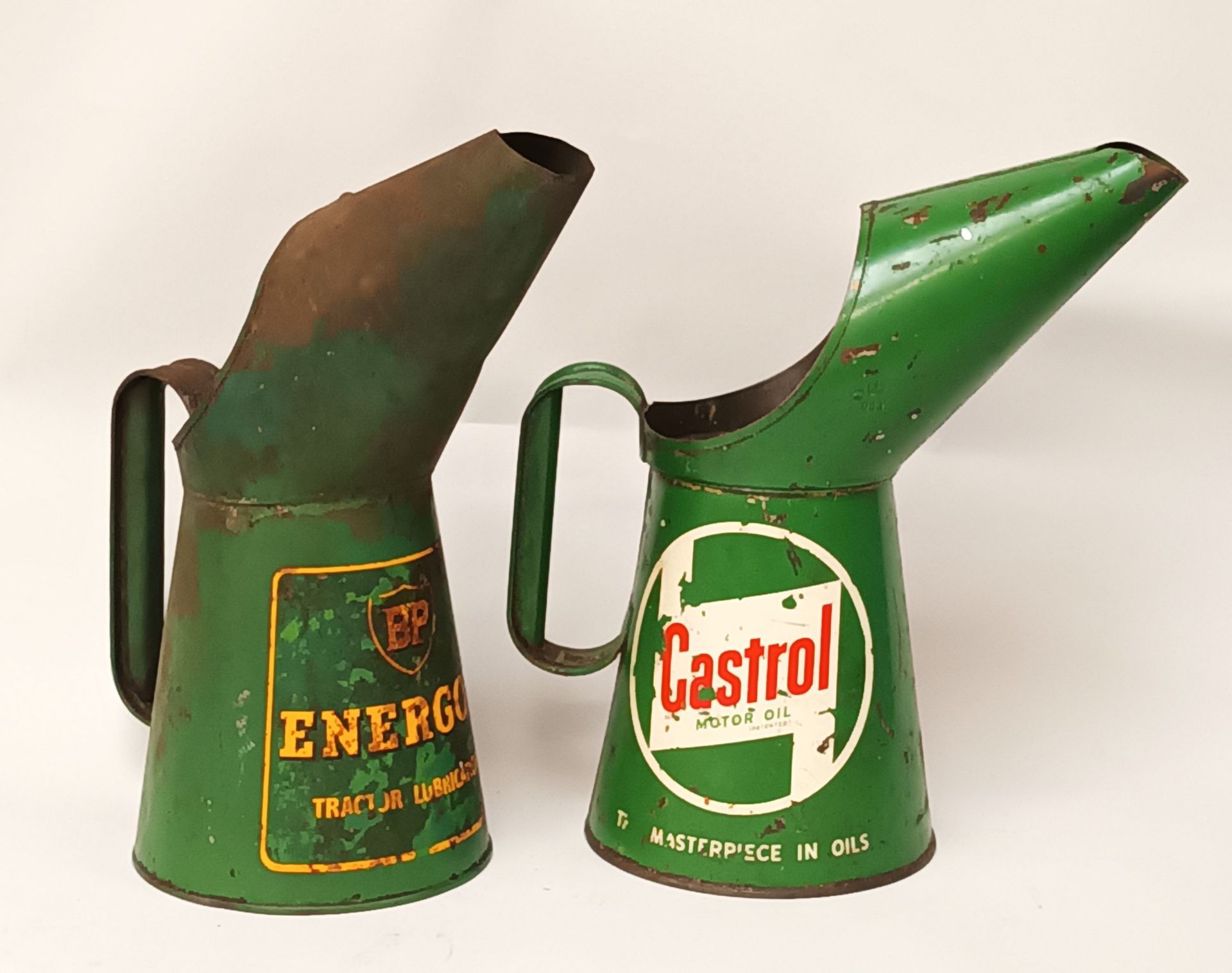 A BP Energol quart oil jug and a Castrol jug (2)