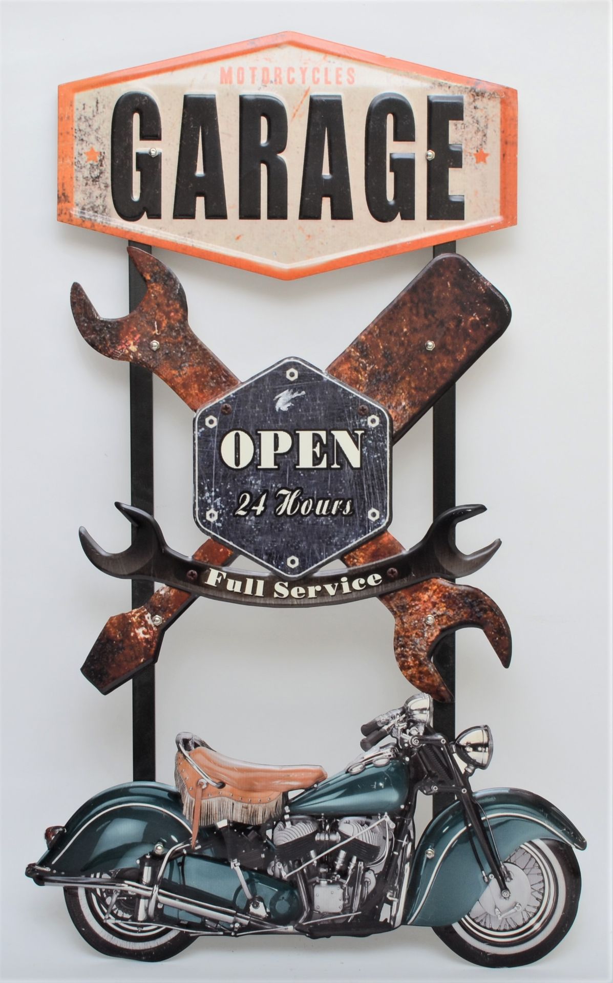 A Motorcycle Garage Open, tin sign, 82 x 40cm