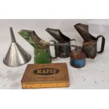 A Mafco Motor Products tin, three oil pourers a hand oil pump and a funnel