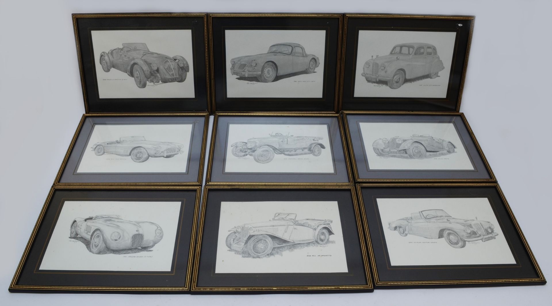 A set of Ron Appleyard pencil prints of classic cars, to include 1929 Blower Bentley and 1939 SS100,