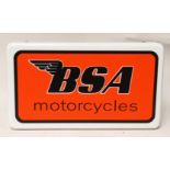 A BSA Motorcycles illuminated plastic hanging sign, no internals, 37 x 21 x 15cm