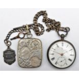 A silver open face key wind pocket watch, London 1876, a silver watch albert with an electroplated