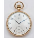 Omega, a gold plated manual wind open face pocket watch, dust cover with 1936 presentation