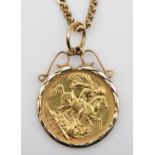 A Victorian Old Head sovereign, 1889, mounted pendant, chain, 19.3gm