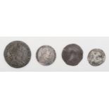 A George III silver sixpence, 1787, an Elizabeth I sixpence, 1566, another hammered coin and a