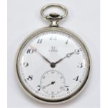 Omega, a chrome open face keyless wind wind pocket watch, 15 jewel movement, 46mm