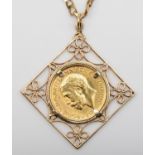 A George V sovereign, 1915 mounted pendant on chain, 24.8gm