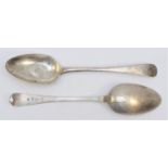 A George III Provincial silver pair of Old English pattern table spoons, by Langlands and