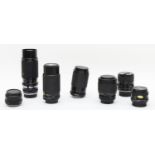 Seven camera lenses, to include a Miranda 70mm-210mm f4.5-f5.6, a Chinon 50mm f1.7, a Kiron 80mm-