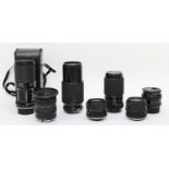 Seven camera lenses, to include a Sirius 18mm-28mm f4-f4.5, a Vivitar 80mm-200mm f4.5, a Finex