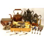 A collection of brass, copper and silver plated wares, to include loose cutlery, horse brasses,