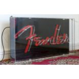 A Fender neon shop display sign, in a Perspex case, with chain hangers, powered by a AC power supply
