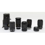 Seven camera lenses, to include a Prinzflex 80mm-200mm f4.5-f5.6, a Tamron 35mm-135mm f3.5-f4.2, a