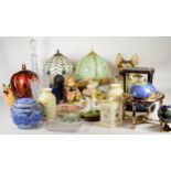 Three boxes of ceramics and homewares, to include Cottage Ware, globes of the world, table lamps,