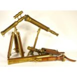 A collection of four brass library telescopes, draw action with rack and pinion focusing, on