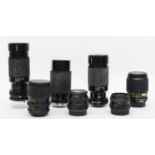 Seven camera lenses, to include Photax28mm f2.8, a Chinon 50mm f1.7, a Ranger 80mm-200mm f3.9, a