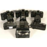 Six film cameras, to include a Olympus Trip 100, a Samsung FF-220, a Pentax P30 with lens, a