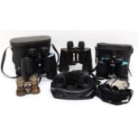 Five pairs of binoculars, to include Commodore 10 x 50, cased, Regent 10 x 50, Costar 80 x 28,