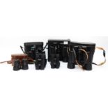 Six pairs of binoculars, to include Miranda 8 x 40, cased, Tasco Zip 10 x 50, cased, Frank-Nipole 10