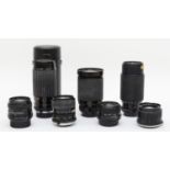 Seven camera lenses, to include a Sigma 75mm-300mm f4.5-f5.6, a Access 28mm-200mm f3.8-f5.6, a