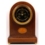 Two Edwardian mantel clocks, oak and inlaid mahogany cases, having open escapements with 8 day