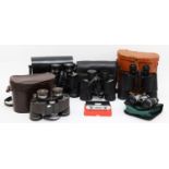 Five pairs of binoculars, to include a pair of unbranded binoculars, Chinon Countryman 7 x 35,