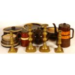 A collection of Wedgewood 'Monterey' oven wares, together with two pairs of brass candlesticks, a