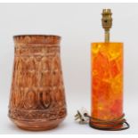 A Prova shatterline lamp base, orange, 34cm tall, together with a Price Kensington vase, 26cm