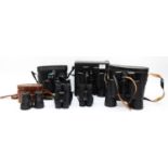 A collection of binoculars, to include Miranda 8 x 40, cased, Tasco Zip 10 x 50, cased, Frank-Nipole