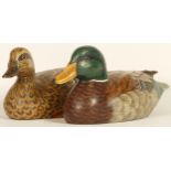 Two modern carved wooden models of ducks, mallards, one male one female, 24 x 10 x 10cm (male), 23 x