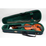 The Stentor Student ST violin, with cheek piece, with bow, stamped with 20, in a fabric lined