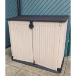 A Keter outdoor plastic garden storage unit, hinged lid with two hinged doors, wood grain effect,