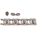 A Mexican silver and coloured glass bracelet, ring and ear rings, by L in a circle, 93gm