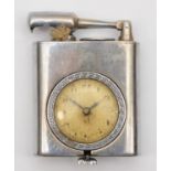 A silver plated combination petrol lighter/watch, spares or repair, lacking striker and watch not