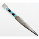 A Mexican silver letter opener with turquoise and onyx hilt, 15.5cm, 27gm