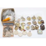 Four £5 coins, six Crowns, various coinage and a collection of Victorian and later padlocks,