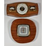 A Short & Mason, London Stormoguide, teak frame, 20 x 20cm and an aneroid barometer, flanked by a