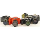 Four 35mm film cameras, to include a Minolta 3700I, with a 28mm-70mm f3.5-f4.5 lens, a Nikon EM,