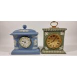 A Wedgwood blue Jasperware quartz mantel clock, 16 x 16cm and a green example (2)