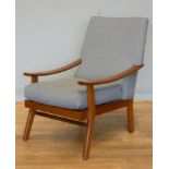 A mid 20th century armchair, teak curved arms on squared legs, recently reupholstered in blue