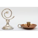 A silver coiled candlestick, London 1909, 11cm, loaded, together with a copper chamberstick