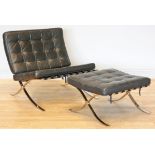 A Robert Haussmann inspired Barcelona lounge chair and ottoman, upholstered black leather with